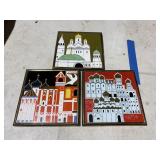 3 russian Hand painted buildings enamel on copper