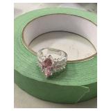 sterling silver ring pink/clear stones 7grams