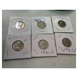 6 nickels (2) 1970S, 1955, 1956D,1956,1957D
