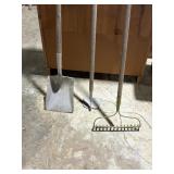 flat shovel, rake and hoe