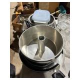 Pots, skillets , 2 angel food pans, measuring cup