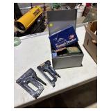 metal box, stanley staple gun, 2 other staple guns