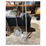 scoop shovel, hoe and mop