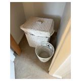 white wicker trashcan and hamper main bathroom