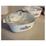 2 CORNING BLUE CORN FLOWER CASSEROLES