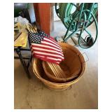 2 bushel baskets, and 11 american flags on sticks