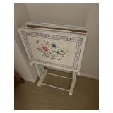 set of 4 white floral print wood TV TRAYS with