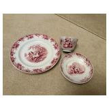 STAFFORDSHIRE  red set , 1 plate, bowl, cup