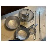colanders, canning funnel, 2  hot dog forks