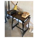 metal secretary desk on wheels, phone,