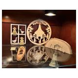 3 wood carved pieces, 3D nativity, carved wreath,