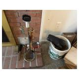 fireplace tools, broom, 5 gallon bucket