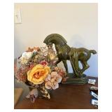 trojan horse lamp, brass bowl/flowers, brass plate