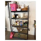 metal shelf and contents, bottles, round up