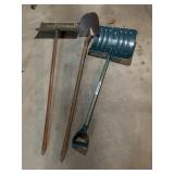 2 metal snow shovels ,and spade shovel   garage