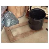 metal ash bucket and wood moving dolly  garage