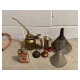 oil cans, meal funnels, 2 bottles oil