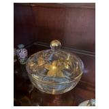 gold floral covered dish  6'     living room