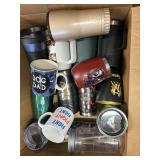 table clothes and linens, box of coffee mugs