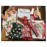 2 Christmas Tea towels, 6 wine covers, & other
