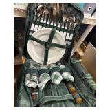 backpack full of picnic , wine holder , 4 plates
