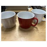 3 ceramic soap mugs, 2 white 1 red