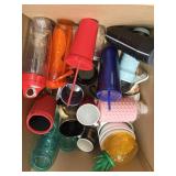 large box of tumblers, plastic bowls, cereamic
