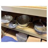 2 casseroles, 1 tin carrier, 1 silver plated