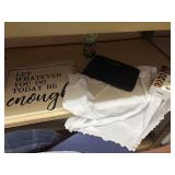 Calvin Klein Handbag, root touch up, wood sign,