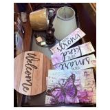 electric lamp, 2 shades, 5 wood signs, butterfly