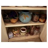 contents of 2 shelves, ceramic pot, canisters