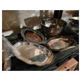 3 silver plated serving trays and fruit bowl