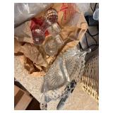 antique glass knife holder, 2 salt dips, lid