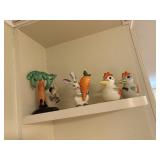 ceramic 2 chickens, monkey in tree , carrott