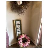 welcome sign, pink wreath, twig wreath