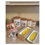4 pc. set of canisters, sea shells, 4 corn holder