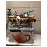 cooks bizzar teapot, wire basket, pumpkins