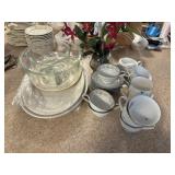 china pieces, 2 serving platters, vase, cups