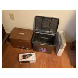 2 file boxes metal and plastic, phone  and
