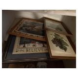 6 framed prints, christmas, and 2 fruit prints