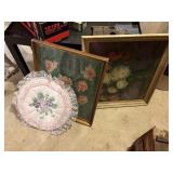 2 framed chalk paintings, emboidry piece