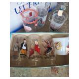 collection of glasses, fire king exxon tiger,