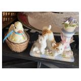duck on a nest ceramic, and cat figure   garage