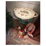 drop leaf side table, 4 stuffie dogs, 1 is musical