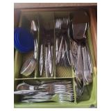 drawer of flatware, various misc. serving pieces