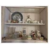 contents of cabinet - bowl, decanter, figuires, g