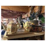 2 teapots, small pitcher n bowl, tins, frog figuir