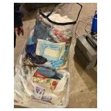 tote with lid, quilt, bag of scrap fabric, linens,