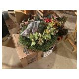 tote, lid,box  and 2 bags of faux flowers, various