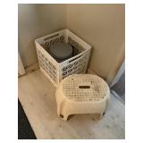 crate, plastic stool, trash can - laundry room
